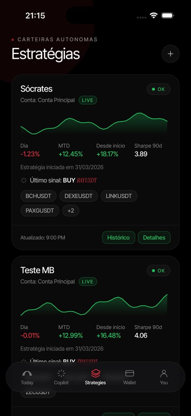 Tela do RedMind App com estratégias autônomas em operação